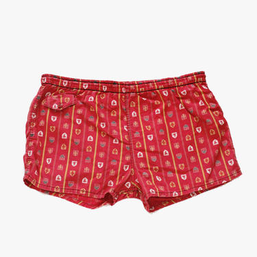 Vintage 1960s Swim Trunks -  Bathing Suit - Novelty Print - Fleur de Lis - Shield Crest - Mens Swim Shorts - Size Large - Beach Wear - Red 