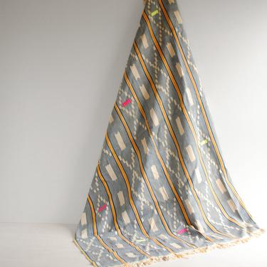 Vintage African Indigo Textile Fabric with Blue, Orange, and White Stripes, 60" x 42" Indigo Blanket 