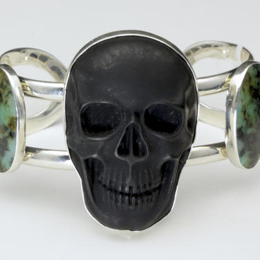 Charles Albert Sterling Silver Obsidian Skull Chrysocolla Cuff Bracelet Signed Designer Statement 