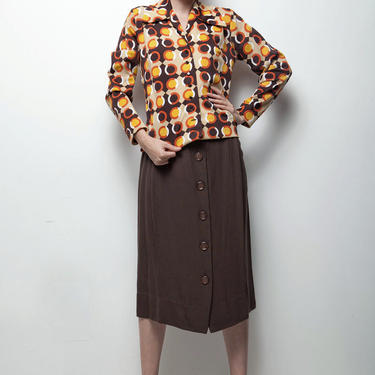 op art skirt blouse top set brown orange geometric dot long sleeve vintage 70s  MEDIUM M 