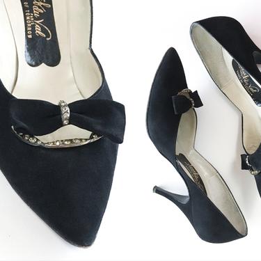 1950s 60s Josef Du Val Black Suede + Rhinestones Heels Shoes 6B 