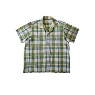 Vintage Plaid Shirt, Medium / 1960s Short Sleeve Shirt / Cotton Button Up Shirt / Retro Green Plaid Rockabilly Shirt / Plaid Greaser Shirt 