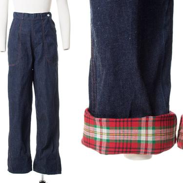 Vintage 1950s Jeans | 50s Plaid Cuff High Waisted Side Zipper Dark Wash Denim Pants (small / modern US 2) 