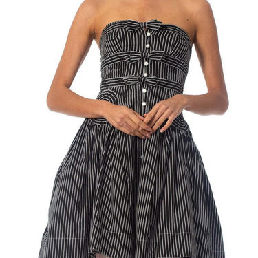 1990S BYRON LARS Black &amp; White Striped Cotton Blend Strapless 1950S Style Dress 