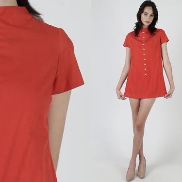Vintage 70s Red Scooter Dress / Sexy Mod Floral Embroidered Disco Dress / Twiggy Inspired Sexy GoGo Micro Mini Dress 