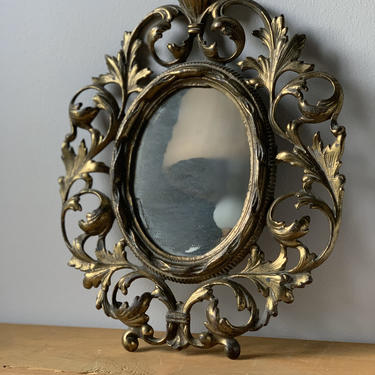 Antique Small Brass Scrolling Oval Wall Mirror 