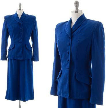Vintage 1940s Skirt Suit | 40s Royal Blue Wool Twill Tailored Blazer Jacket and Skirt Suit (medium) 