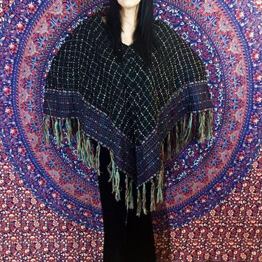 Vintage 80s Does 70s Black Bohemian Gypsy Colorful Embroidered Diamond Pattern Fringe Afghan Blanket Poncho 