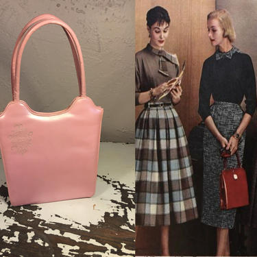 Overheard At the Office - Vintage 1950s Lennox Pink Pearl Leather Tall Slender Box Handbag Purse 