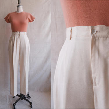 Vintage 80s Butter Trousers/ 1980s High Waisted Light Yellow Woven Pants/ Linen Feel/ Size 27 
