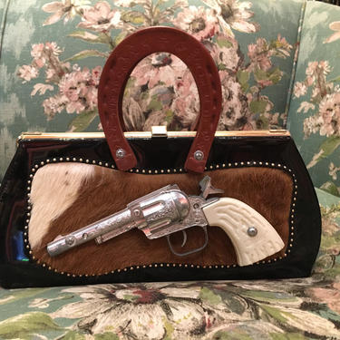 vintage purse, novelty purse, western purse, 1950s handbag, rockabilly style, kalliber kustoms, artist made, ooak, black patent leather, vlv 