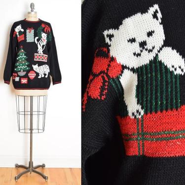vintage 80s ugly christmas sweater black KITTIES cats jumper top shirt holiday clothing 