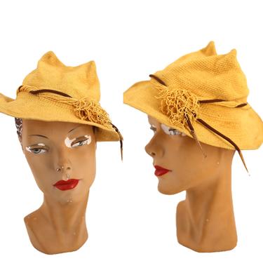 1930s yellow peaked knit hat / vintage 30s sculptural cloche ladies fedora day hat depression era 