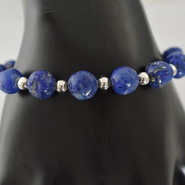 70's lapis lazuli sterling beaded hippie bracelet, bold hand carved round blue stones 925 silver rocker stacking bracelet 