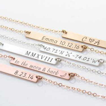 Personalized Name Bar Necklace, Coordinate Necklace, Engraved Bar Necklace in Gold Fill, Silver or Rose Gold, Gift For Her, Custom Mom Gift 