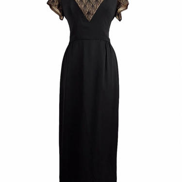 Floor Length Gown with Nude Mesh with Beaded Detail at the Neckline 