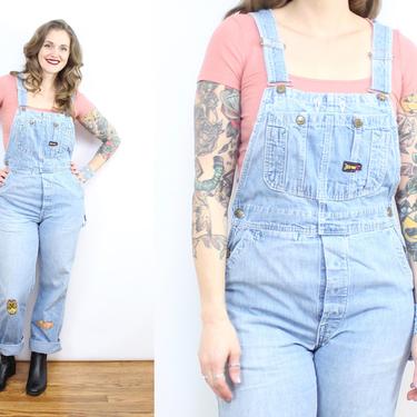 Vintage 70's 80's Light Blue Overalls / 1970's Light Blue Faded and Patched Overalls / 1970's Workwear Jumpsuit / Women's Size Small Medium 
