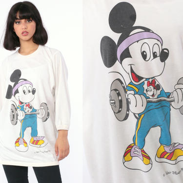 Mickey Mouse T Shirt Weightlifting Walt Disney Shirt Gym 80s Graphic Cartoon T Shirt Long Raglan Sleeve Vintage Tee 90s Small Medium Large 