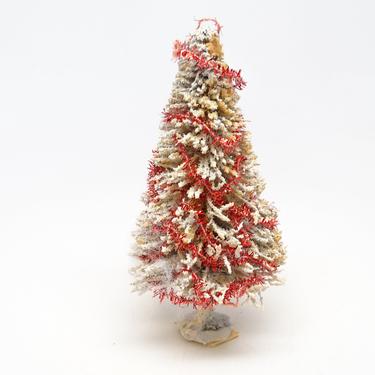 Small Antique Flocked Christmas Tree with Red Tinsel Garland, Vintage Decor Snow Flocked , Retro Doll House 