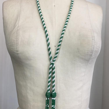 1920s beaded necklace, vintage 20s necklace, green and white striped, flapper necklace, roaring twenties, tassel necklace, Art Deco jewelry 