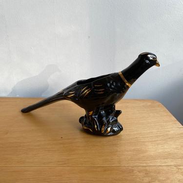 Mid century ceramic black and gold bird planter 