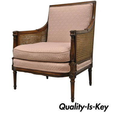 French Louis XVI Directoire Style Cane Bergere Arm Chair Carved Walnut Frame