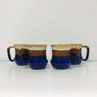 Vintage Otagiri Stripe Mugs/ Made in Japan/ Blue/ Brown/ Set of 4/FREE SHIPPING 