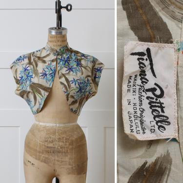 designer vintage silk 1950s Hawaiian bolero • tropical floral print Tianna Pitelle for Silver of Hawaii short jacket • made in Japan 
