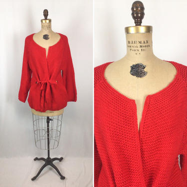 Vintage 70s sweater | Vintage cherry red hand knit cardigan | 1970s red tie front  knitwear sweater 