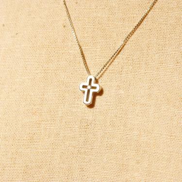 Vintage Minimalist 14k White Gold Diamond Mini Cross Pendant Necklace, Small Modernist Cut-Out Cross, .8mm White Gold Box Chain, 22&quot; Long 