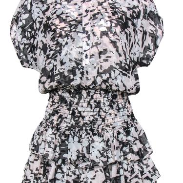 MISA Los Angeles - Black & Blush Floral Smocked Waist Dress w/ Ruffles Sz S