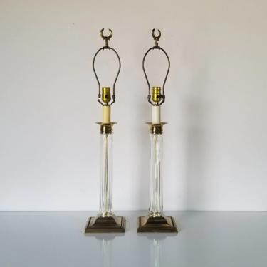 Paul Hanson Brass and Glass Column Table Lamps - a Pair 