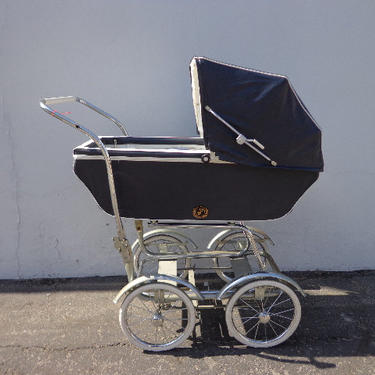 Antique Baby Stroller Vintage Carriage Stroller Buggy Movie Prop Victorian Canopy Cover Navy Blue Chrome Wheels Baby Pram Royale Wonda 