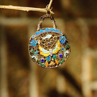 Antique Chinese Cloisonne Enamel Butterfly Basket Pendant/Charm, Gold Gilt Silver Filigree, Flora & Fauna Motifs, Woven Handle Basket Charm 