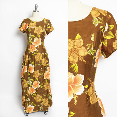 1960s Dress Hawaiian Floral Cotton Brown Maxi Medium M 