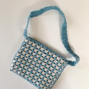 Vintage 1950s does 30s crochet mini bag / wristlet (blue &amp; white) 