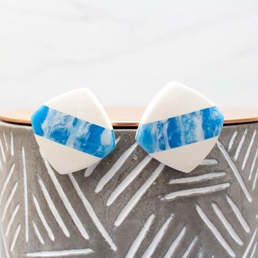 Vintage 1980s Plastic Square Mod Earrings - White & Blue Marbled Statement Earrings 