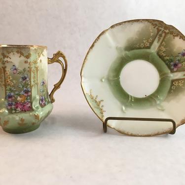 Antiques Limoges Chocolate Cup Green and Gold Delicate Flowers 