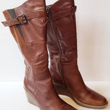 Vintage Brown Leather Knee Boots 70s Style Wedge Heel / Aquatalia Designer Tall Boots Buckle Closure / 9 1/2 