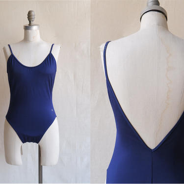 Vintage 80s Valentino Navy Blue One Piece Swimsuit/ 1980s Open Back Bathing Suit/ Size Medium 