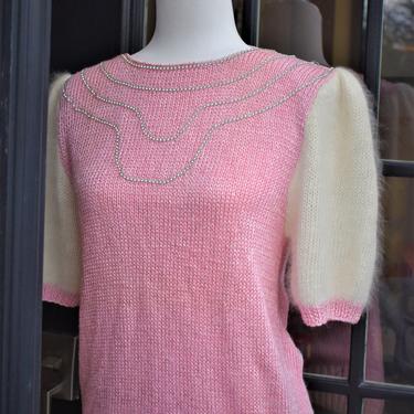 Vintage Angora Rhinestone Sweater | Pink Off-White Nannell New w/ Tags 1980s 1990s Super Soft Elbow-Length Sleeves | Diamond Adorned Pretty 