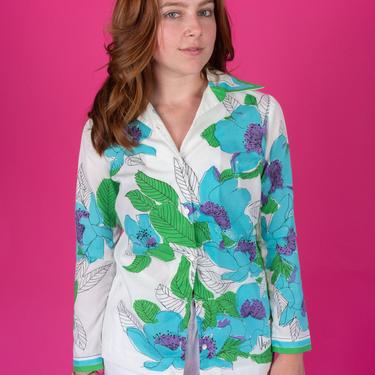 Rare 1970s VERA Neumann Vintage Bold Turquoise, Green and Purple Floral Cotton Blouse with Butterfly Collar 