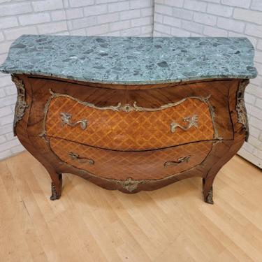 Antique French Louis XVI Marble Top Brass Ormolu Surround Walnut Parquetry 2 Drawer Pot-Belly Bombe Commode Chest