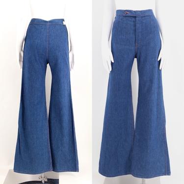 70s high waisted sz 29 seamed denim bell bottoms jeans  / vintage 1970s wide leg seamed stitched flares pants sz 6 