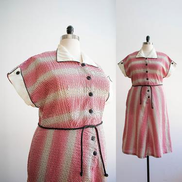 1950s Polka Dot Dress / 1950s Cocktail Dress / Pink Dress with Black Polka Dots / 50s Plus Sized Dress / Vintage Shelby Dress XL 