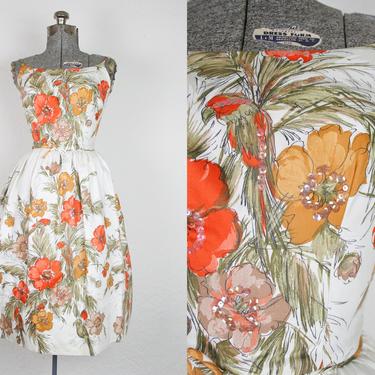1950's Orange and Yellow Bird and Floral Print Cotton Party Dress / Size XSmall 