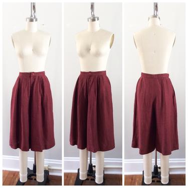 70s Burgundy Cotton Linen Culottes / 1970s does 40s Vintage Gaucho Pants Skirt / Small / 25 inch waist 