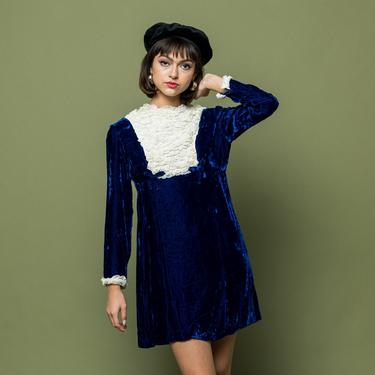 60s Velvet Mini Tuxedo Lace Dress RARE 