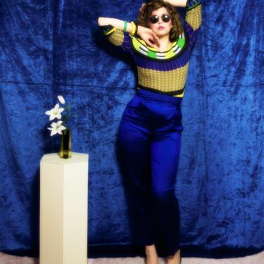 1990s Romeo Gigli indigo high rise silk trousers