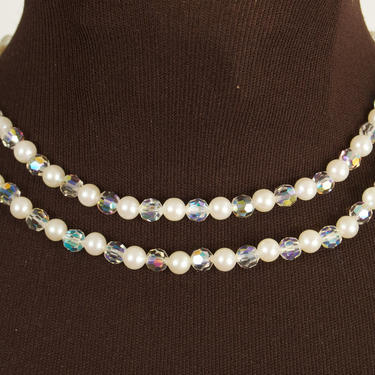 Vintage Double Strand Crystal and Faux Pearl Necklace 